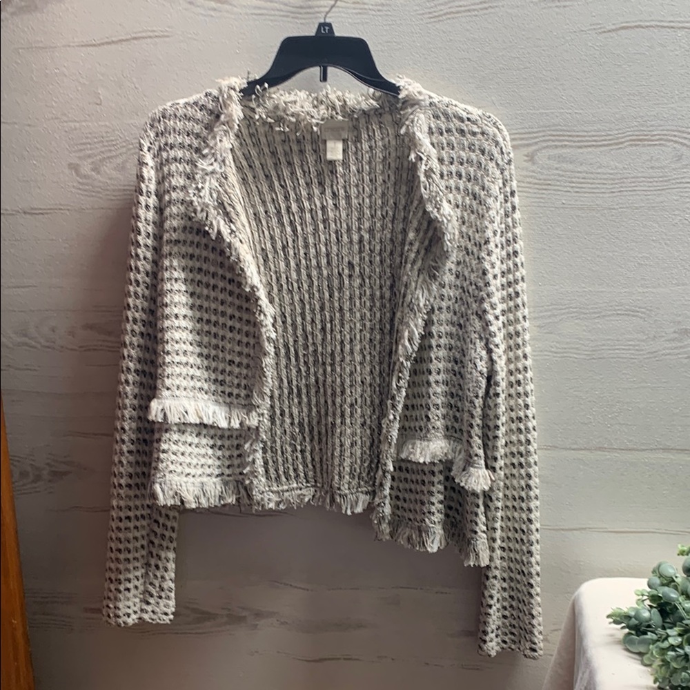 Chicos cream black waffle weave long sleeve open front jacket size Chicos 1